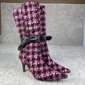 Joey O Pink Purple Plaid Tweed Knee High Boot Leather Sole Heels Size 8